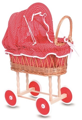 Egmont Toys Poppenwagen riet 44x28x58 cm, rood/wit stippenbekleding